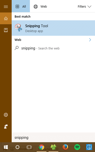 Searching for Snipping Tool in Windows