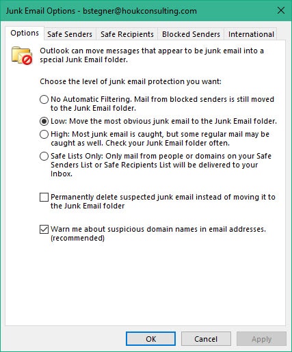 Outlook Junk Email Options