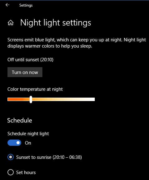 Windows 10 Night Light Setting
