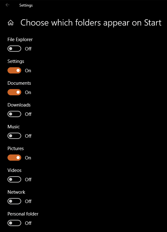 Windows 10 Choose Start Folders
