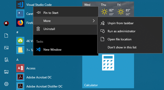 Windows 10 Start Menu App List Options