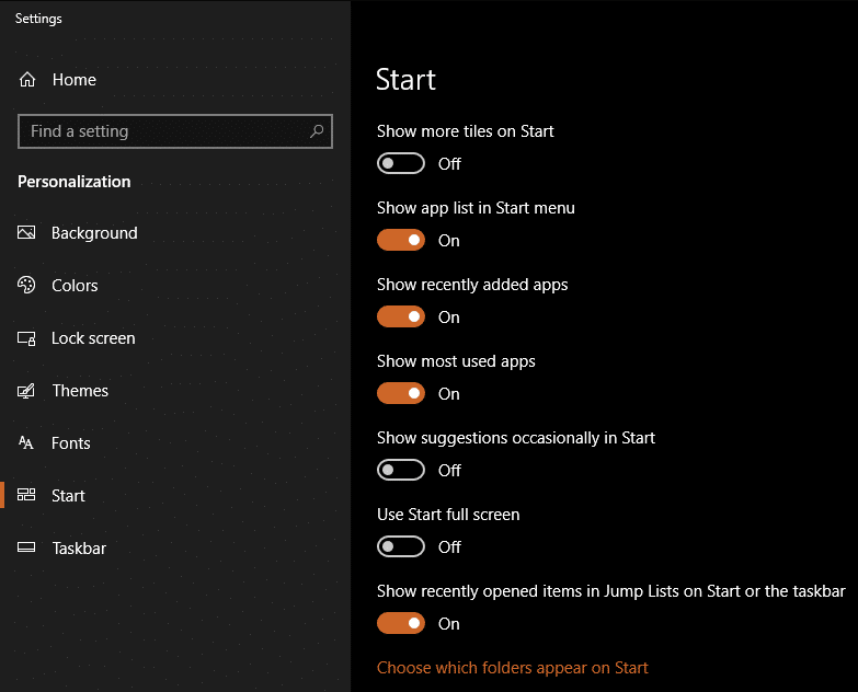 Windows 10 Start Options