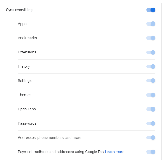 Chrome Sync Options List