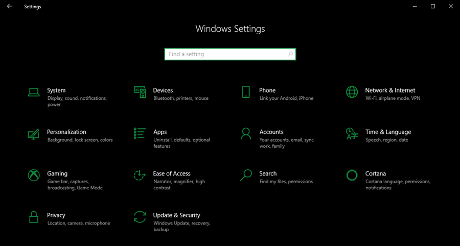 Windows 10 Settings Menu