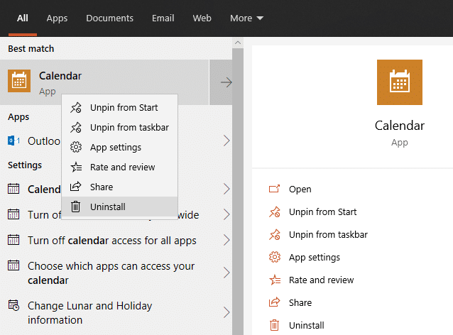 Windows 10 Uninstall Calendar