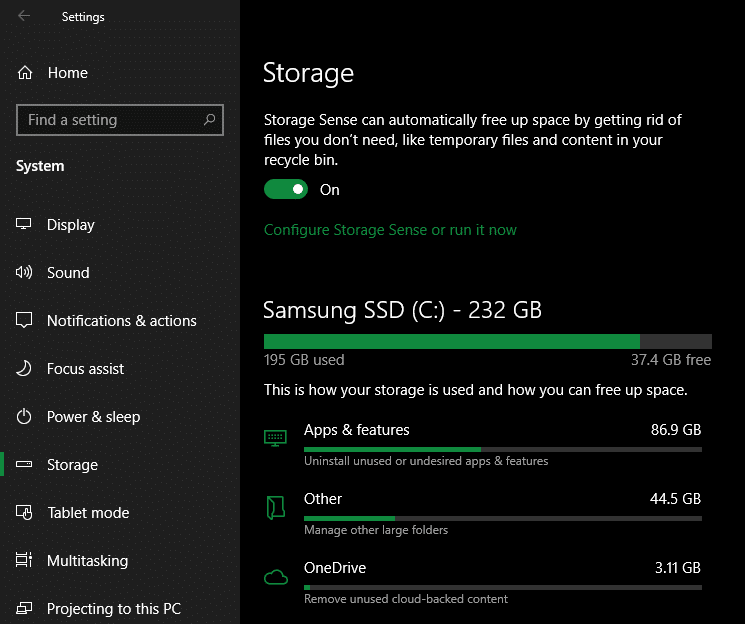 Windows 10 Storage Settings