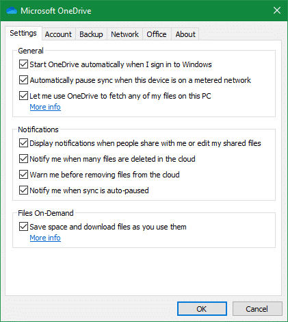 OneDrive Settings Panel