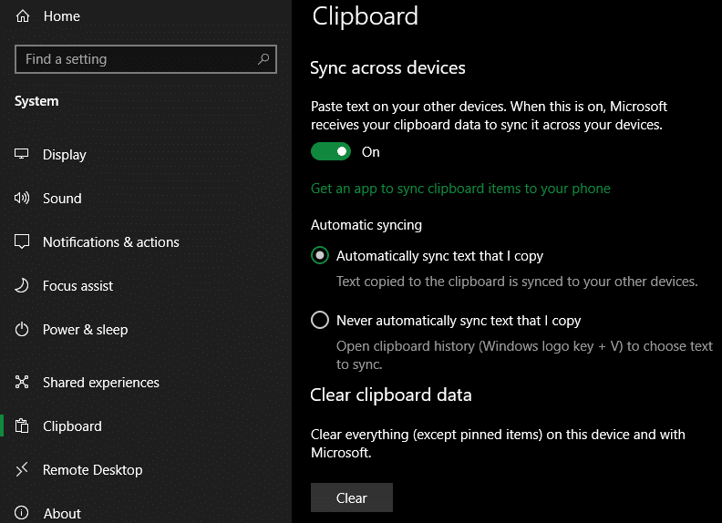 Windows 10 Clipboard Sync Settings