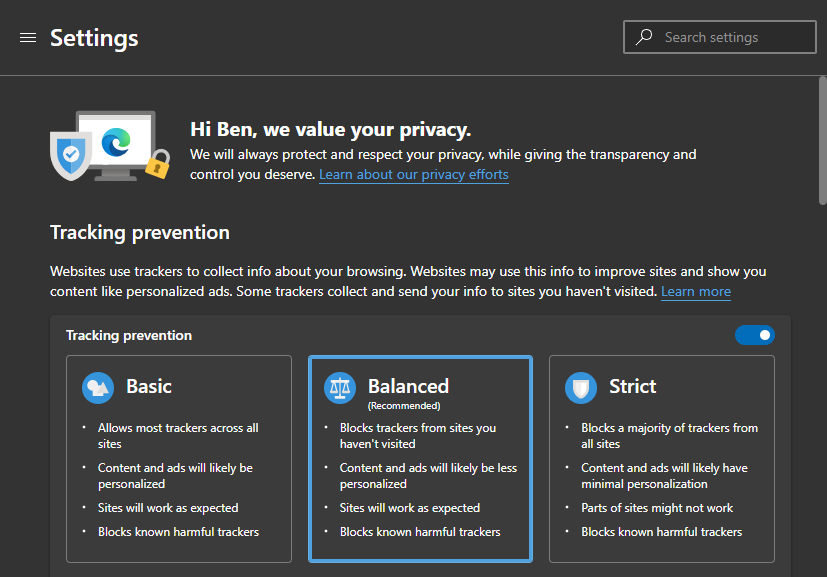Edge Privacy Settings