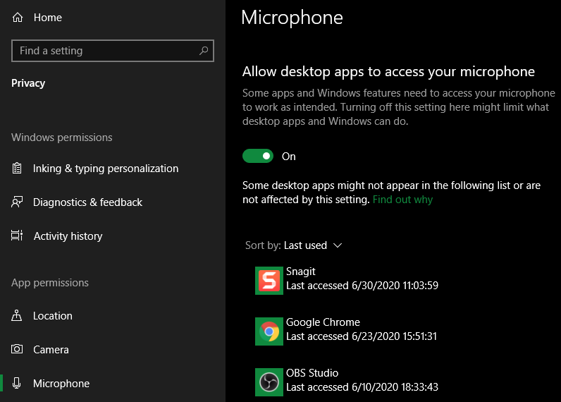 Windows 10 Desktop Mic Access