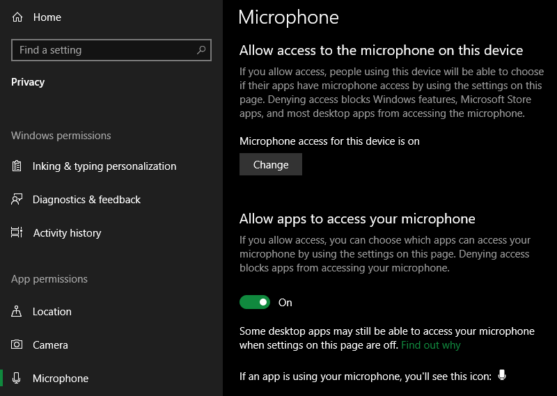 Windows 10 Microphone Access