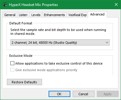 Windows Mic Advanced Exclusive Options