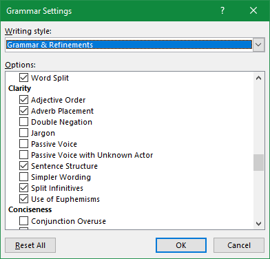Word Grammar Editing Options