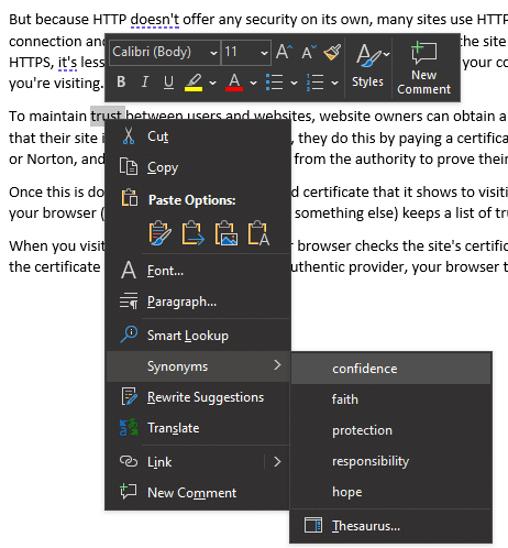 Word Right Click Menu