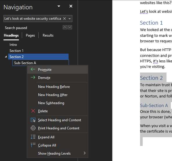 Word Section Browser