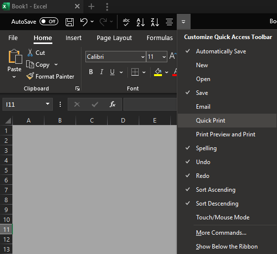 Customize QAT Excel