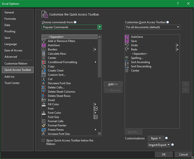 Excel Customize QAT