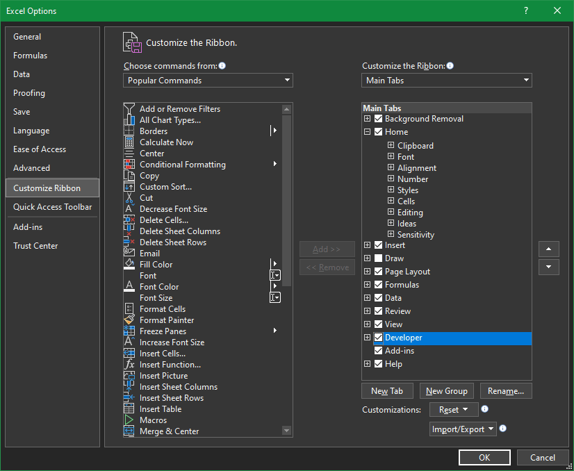 Excel Customize Ribbon Developer