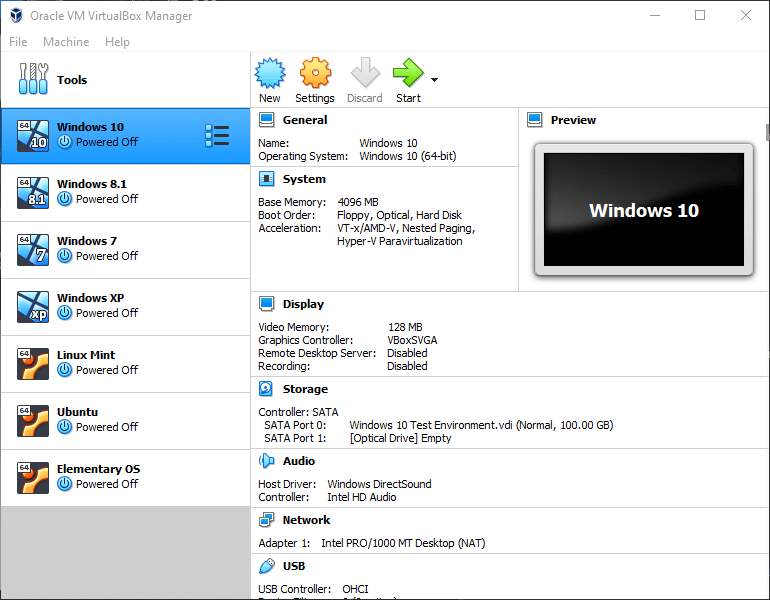 VirtualBox VM List