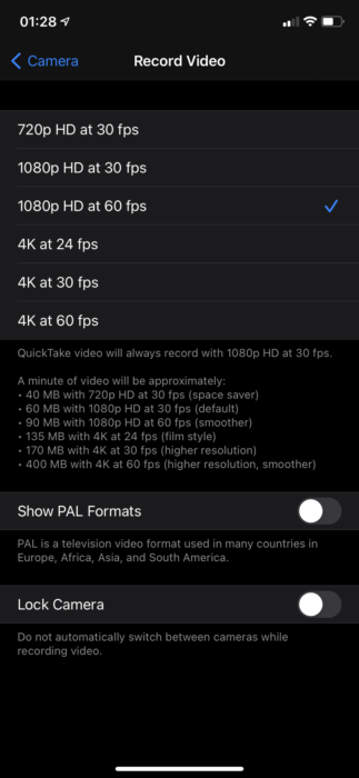 iPhone video option settings