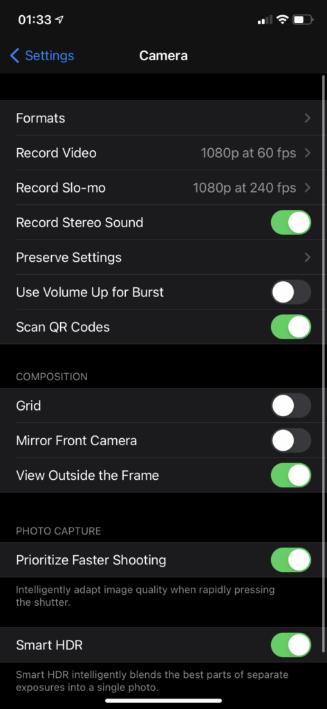 iPhone camera settings