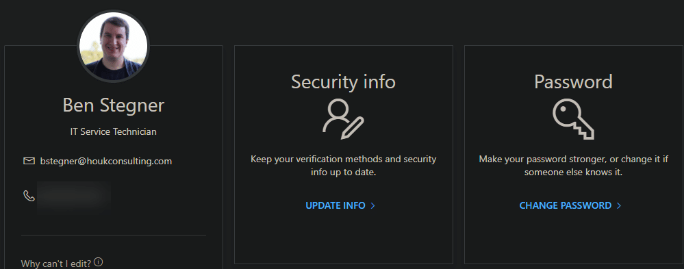 Microsoft 365 Account change Password Menu