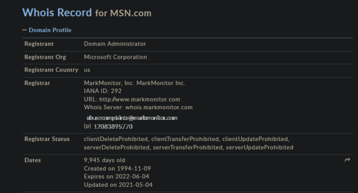MSN Domain Record
