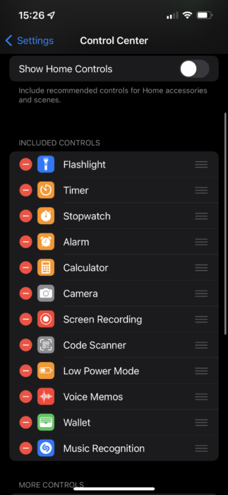iPhone Change Control Center Options