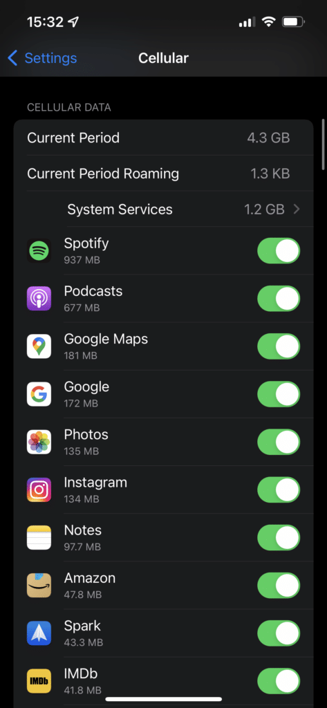 iPhone Cellular Data App List
