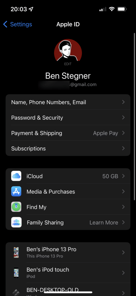 iPhone Apple ID Settings