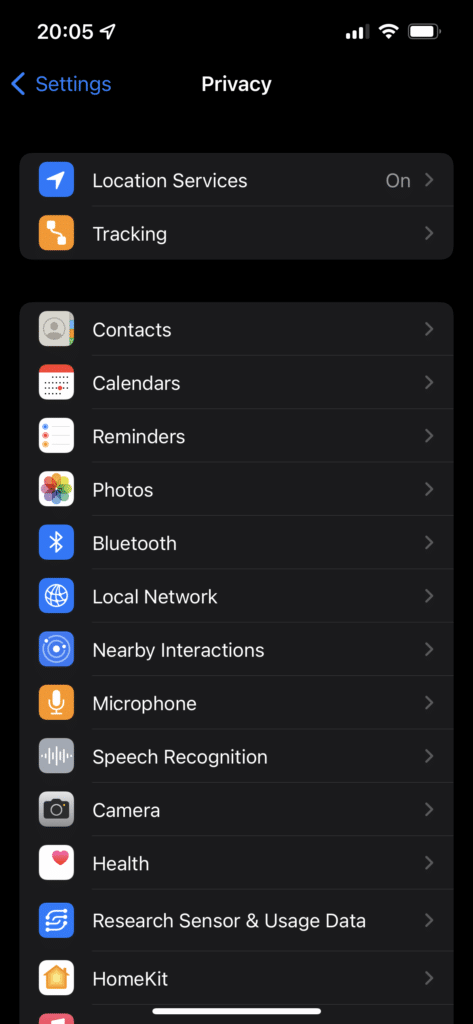 iPhone Privacy Menu