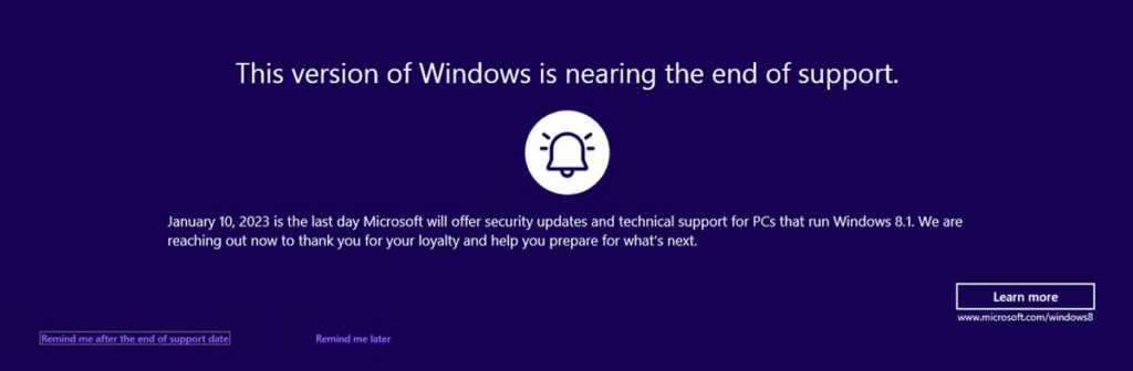 Windows 8-1 End of Life Warning