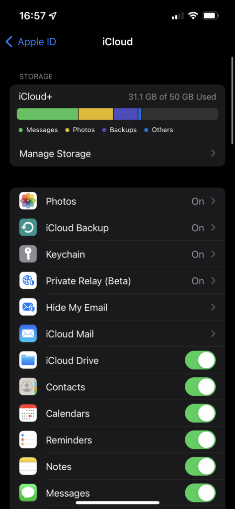 iPhone iCloud Settings Menu