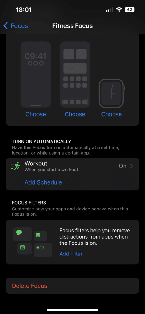 iPhone Focus Workout Menu