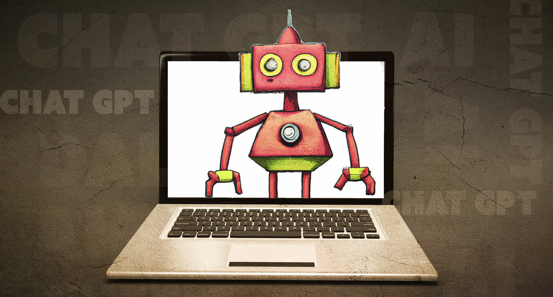 Cartoon robot on a laptop with "ChatGPT" text behind it