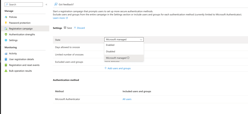 Azure AD Security Settings