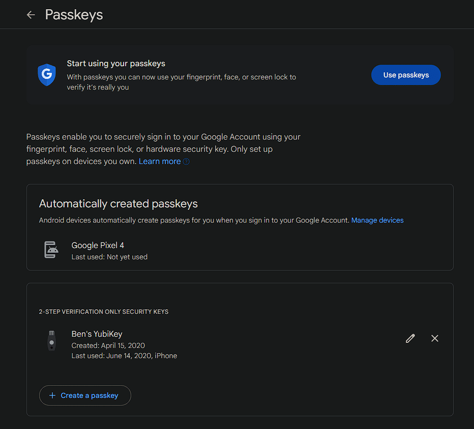 Google Account Passkeys