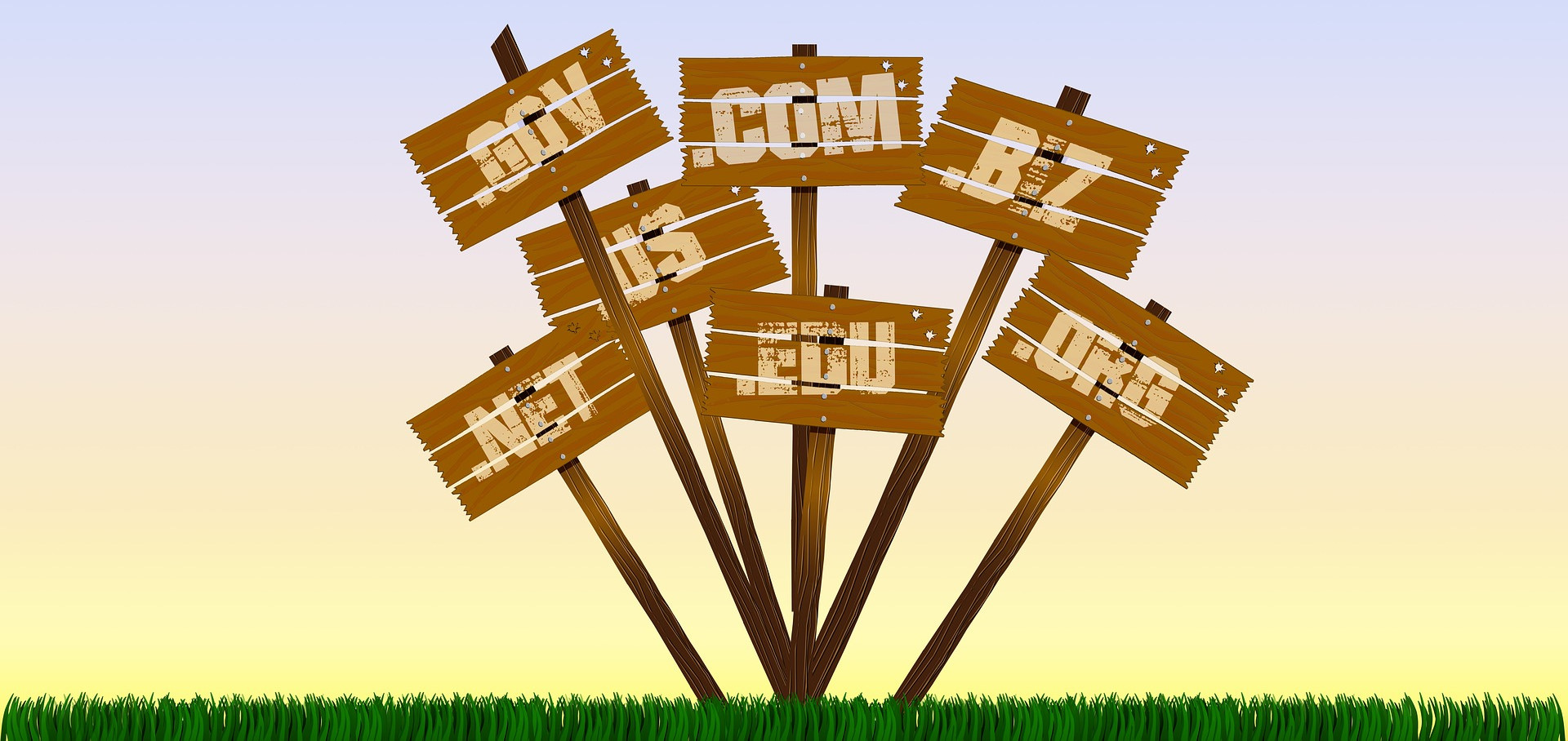 Top level web domains on wooden signs